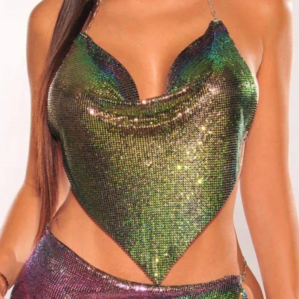 Mermaid Metallic Chainmail Halter V Hem Crop Top - Never worn